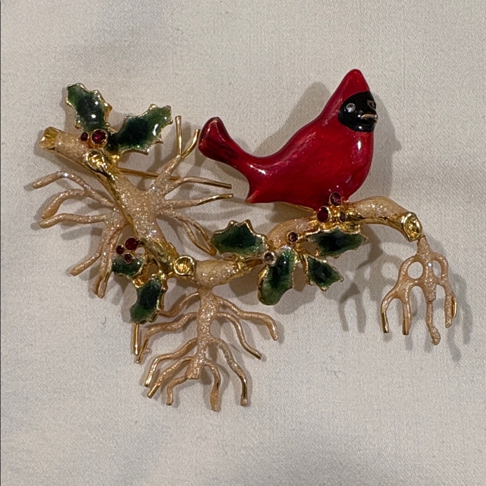 Elegant Red Bird Brooch with Gold and Green Accents